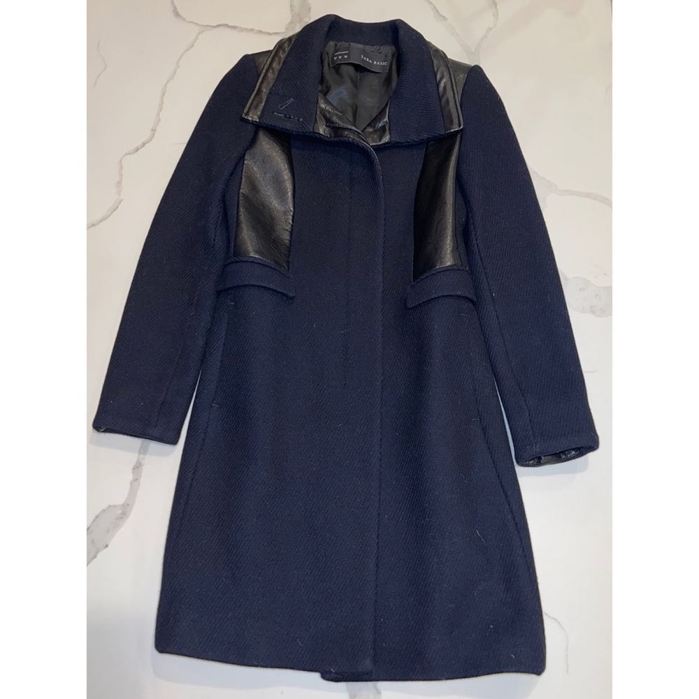 ZARA Navy Wool Black Faux Leather Trim Coat XS - Picture 4 of 12